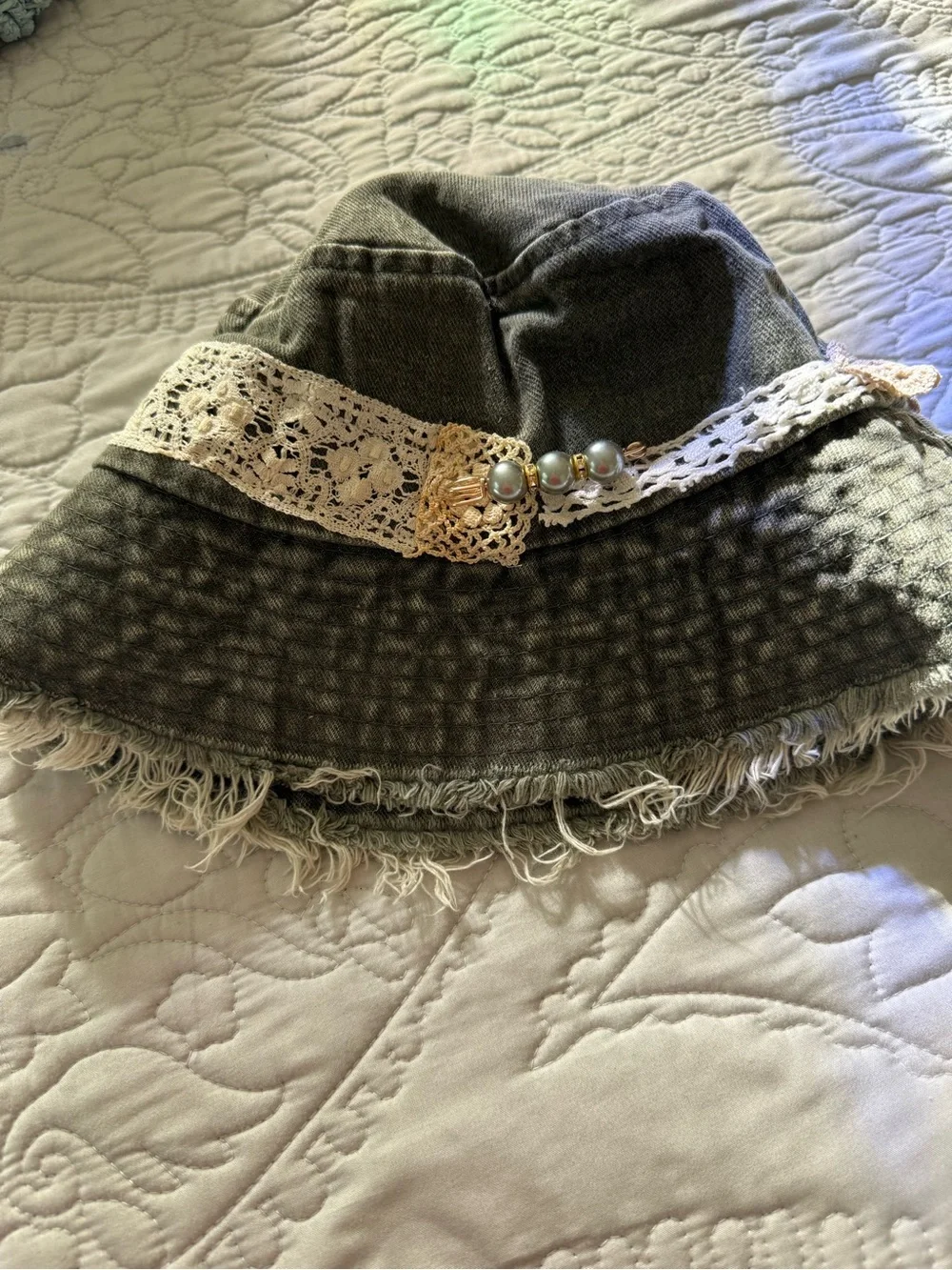 Upcycled Distressed Washed Green Denim Patchwork Bucket Hat OS
